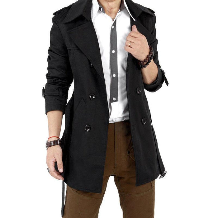 Men Windbreaker Long Fashion Jacket with Double-breasted Buttons Lapel Collar Coat