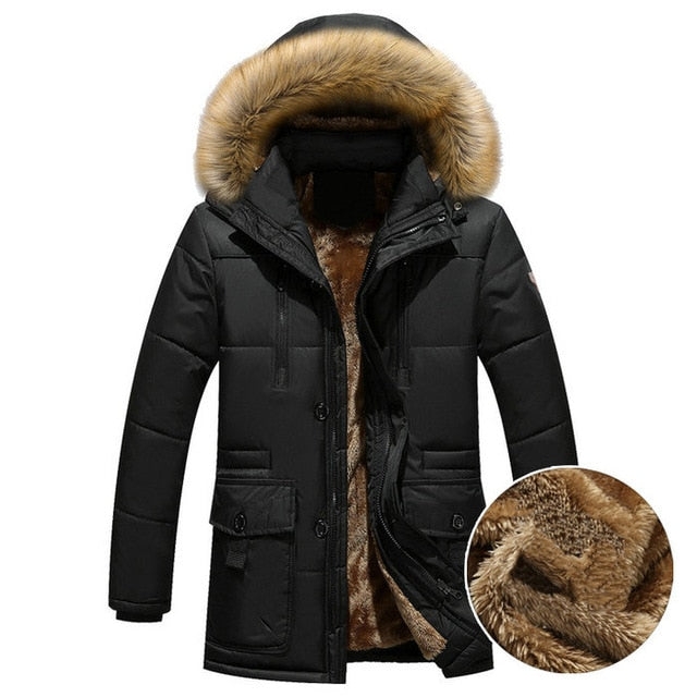 Thick Warm Winter Parka Men Fleece Fur Hood Men Winter Jacket Coat Military Cargo Medium-long Mens Overcoat ABZ109