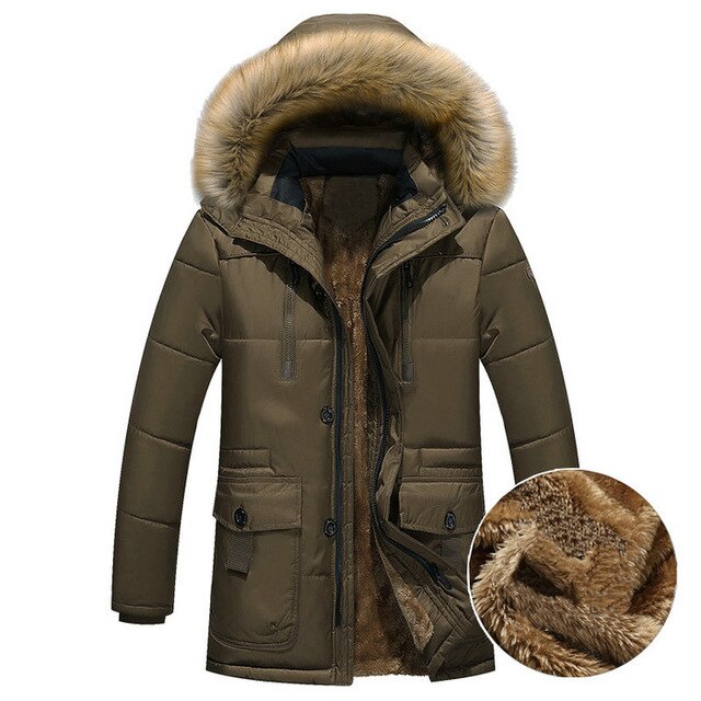 Thick Warm Winter Parka Men Fleece Fur Hood Men Winter Jacket Coat Military Cargo Medium-long Mens Overcoat ABZ109