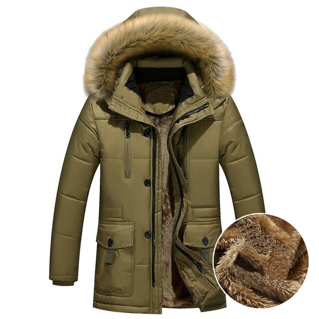 Thick Warm Winter Parka Men Fleece Fur Hood Men Winter Jacket Coat Military Cargo Medium-long Mens Overcoat ABZ109