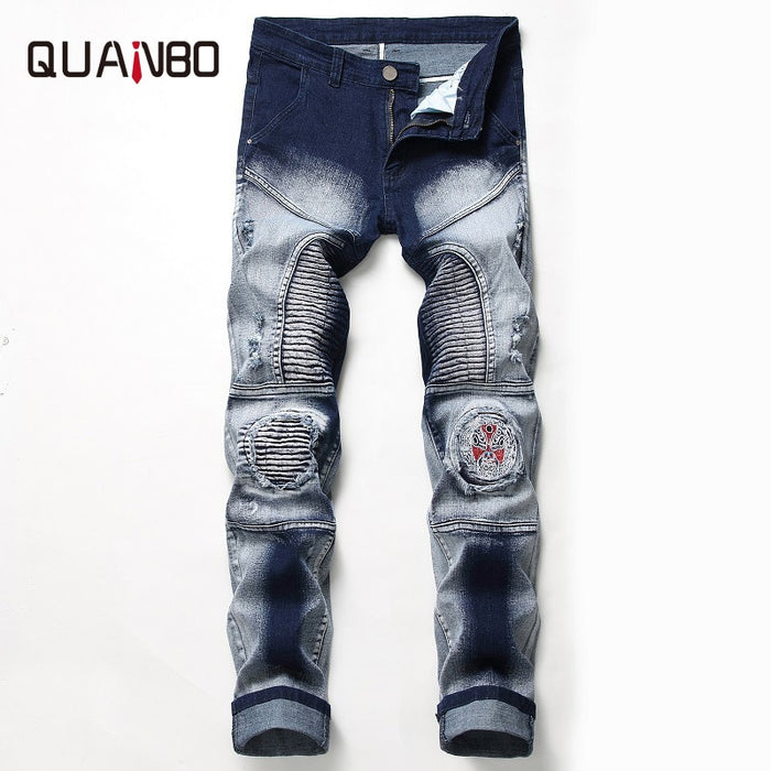 QAUNBO Brand Clothing Mens Jeans Nostalgia Moto Biker Hole Jeans Male Slim Fit Straight Denim Designer Badge Ripped Jeans N820
