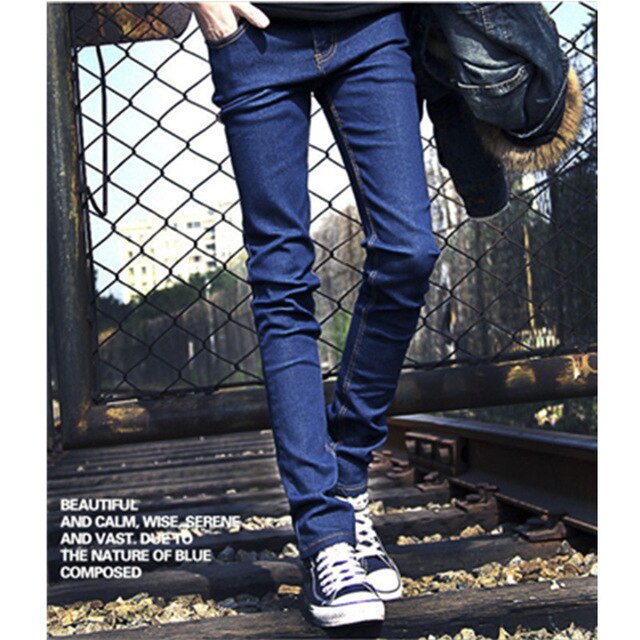 Left ROM 2019 New Men's Fashion Boutique Blue Thin Leg Leisure Jeans / Men High Quality Pure Color Slim Casual Jeans Men Pants