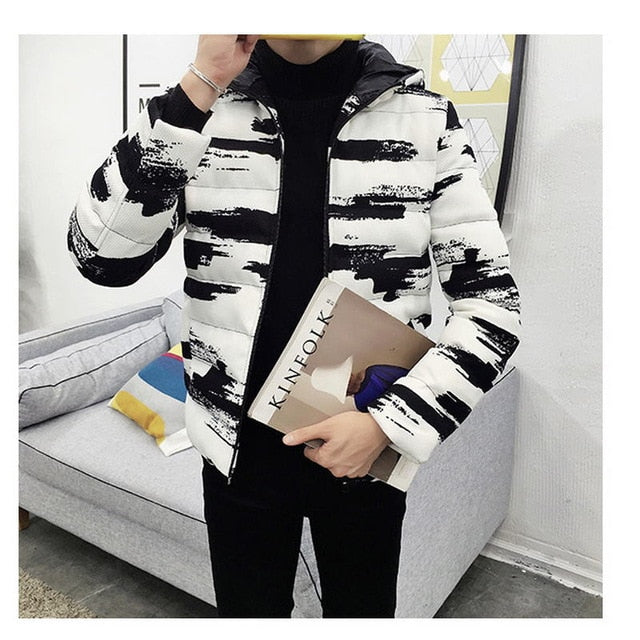 Winter Hooded Jacket Men Short Parka Black White Casual Warm Coat Thick Cotton Padded Jacket Male Hooded Parkas