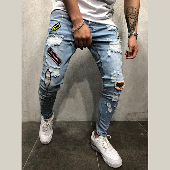 Men Denim Ripped Hole Jeans Slim Patchwork Jeans Hip Hop Skinny Pencil Jeans For Men clothes 2019 Stretch Skinny Jeans men