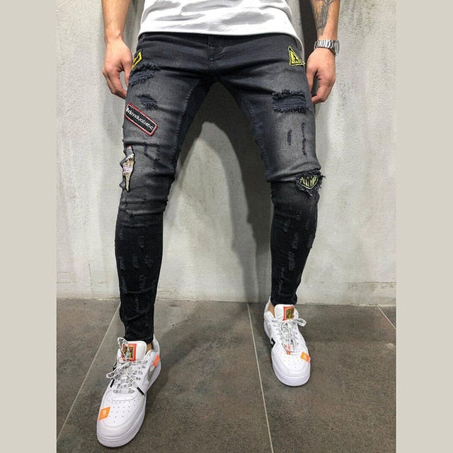 Men Denim Ripped Hole Jeans Slim Patchwork Jeans Hip Hop Skinny Pencil Jeans For Men clothes 2019 Stretch Skinny Jeans men