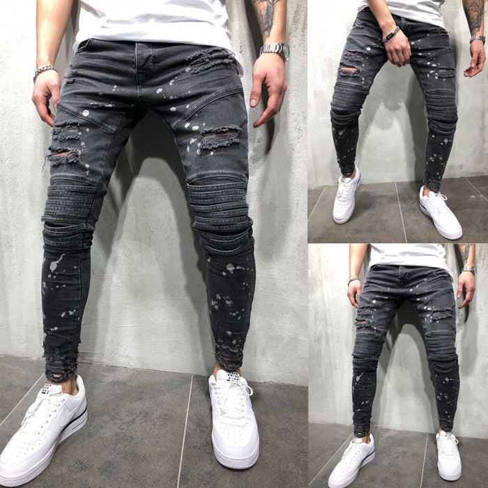 2018 new Men Ripped Dot Printed Skinny Jeans Destroyed Frayed Slim Fit Denim Pant casual men slim hole Zipper balck jeans pants