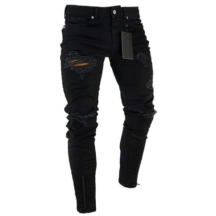Fashion Men Ripped Skinny Jeans Stretch Destroyed Frayed Slim Fit Denim Pant with Zipper Pencil Pants Trousers Men Clothes