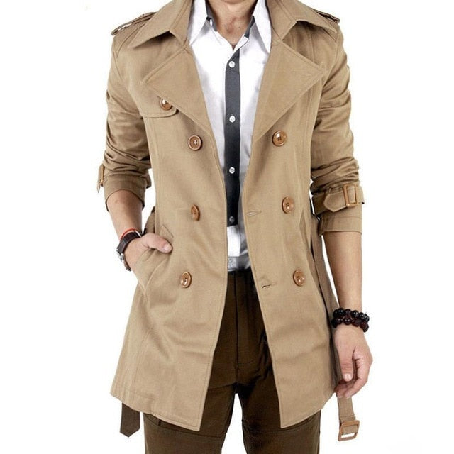 Men Windbreaker Long Fashion Jacket with Double-breasted Buttons Lapel Collar Coat