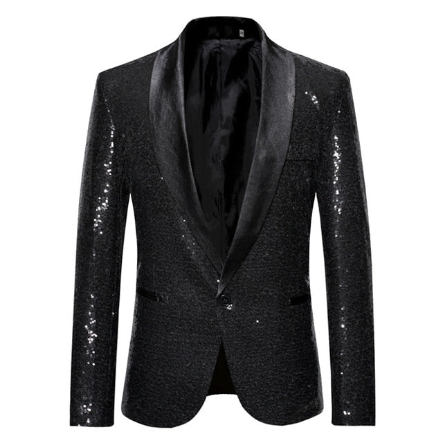 Shiny Gold Sequin Bling Glitter Suits&Blazer Men 2019 New Shawl Collar Club DJ Mens Blazer Jacket Stage Clothers for Singers Xxl