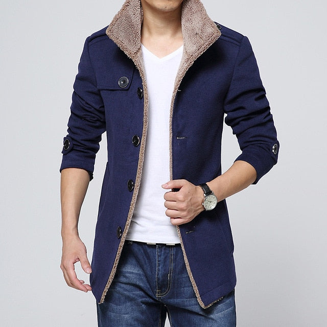 Men Long Wool no cap pocket Coat warmth windproof Jackets And Coats Slim Fit Windbreaker High Quality Trench Coat Men Plus Size