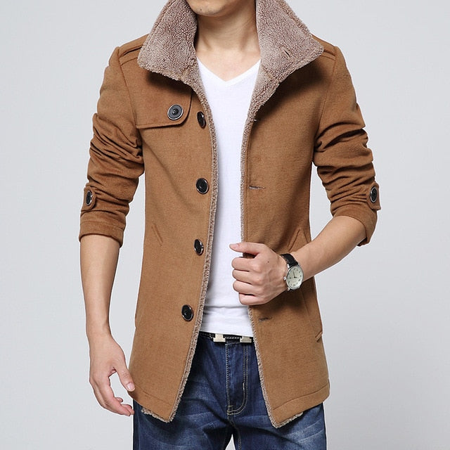Men Long Wool no cap pocket Coat warmth windproof Jackets And Coats Slim Fit Windbreaker High Quality Trench Coat Men Plus Size