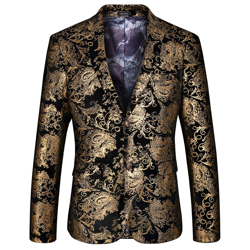 High-end Brand Fashion Boutique Golden Velvet Stage Performance Men's Stage Brand Party / Floral Mens Slim Suit Jacket Mlae Coat