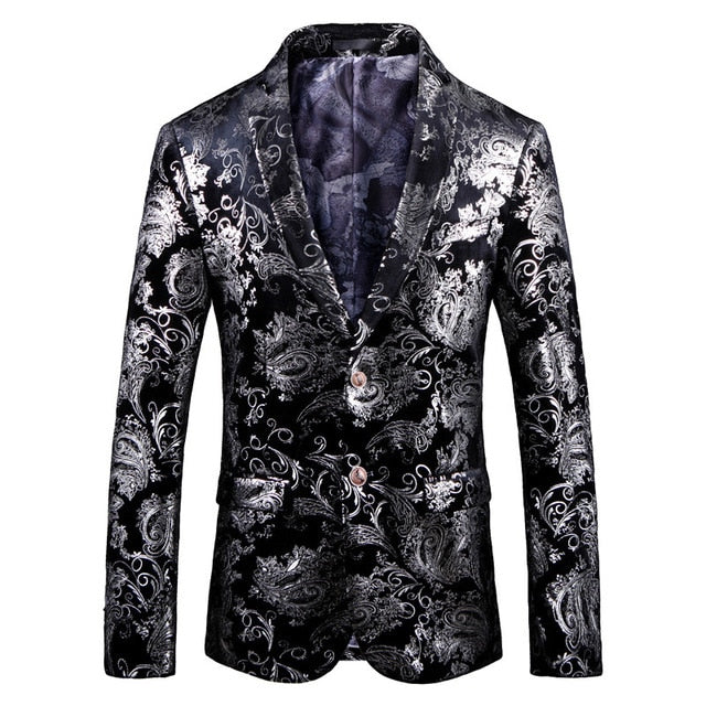 High-end Brand Fashion Boutique Golden Velvet Stage Performance Men's Stage Brand Party / Floral Mens Slim Suit Jacket Mlae Coat