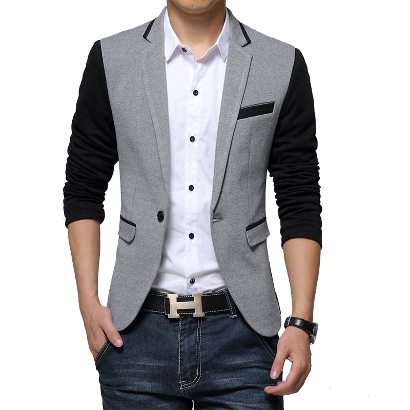 New Slim Fit Casual jacket Cotton Men Blazer Jacket Single Button Gray Mens Suit Jacket 2018 Autumn Patchwork Coat Male Suite