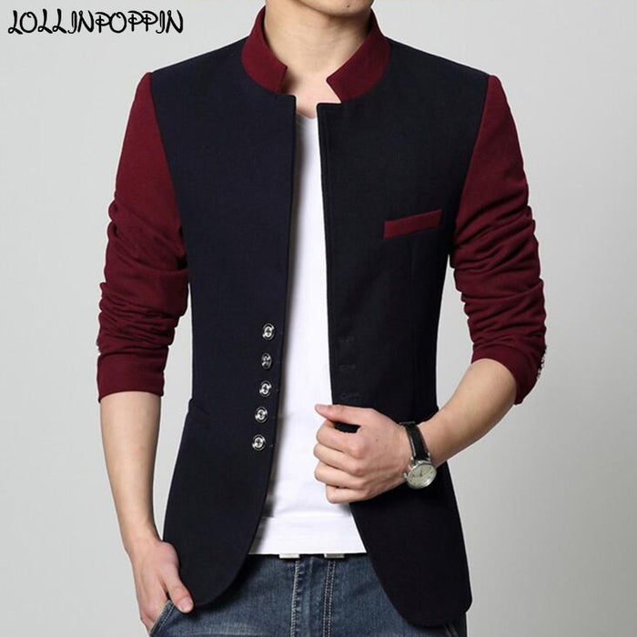 Stand Collar Men Blazer Chinese Suit Jacket Contrast Color Patchwork Casual Jacket Single Breasted Mens Tunic Jacket