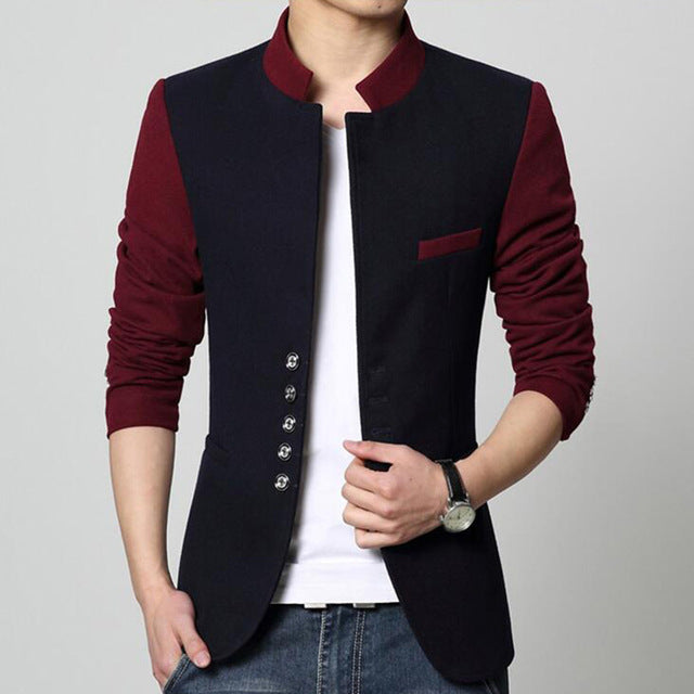 Stand Collar Men Blazer Chinese Suit Jacket Contrast Color Patchwork Casual Jacket Single Breasted Mens Tunic Jacket