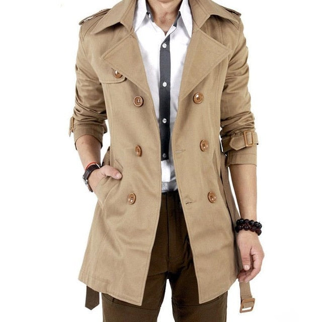 MISSKY Autumn Men Trench Windbreaker Long Solid Color Jacket with Double-breasted Buttons Lapel Collar Coat Male Clothes 2019